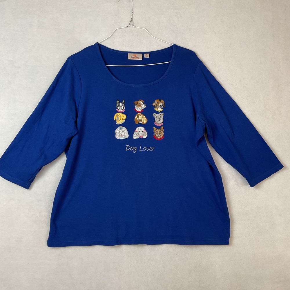 Quacker Factory Dog‎ Lover Embroidered Rhinestone Top Blue 3/4 Sleeve 1X Cotton